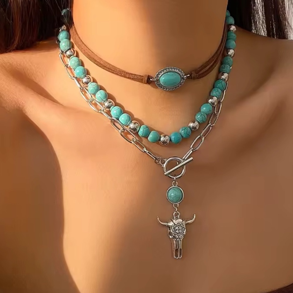 3x Silver Necklaces Set! Boho Turquoise And Silver Necklace. Pendant. Texas Bull